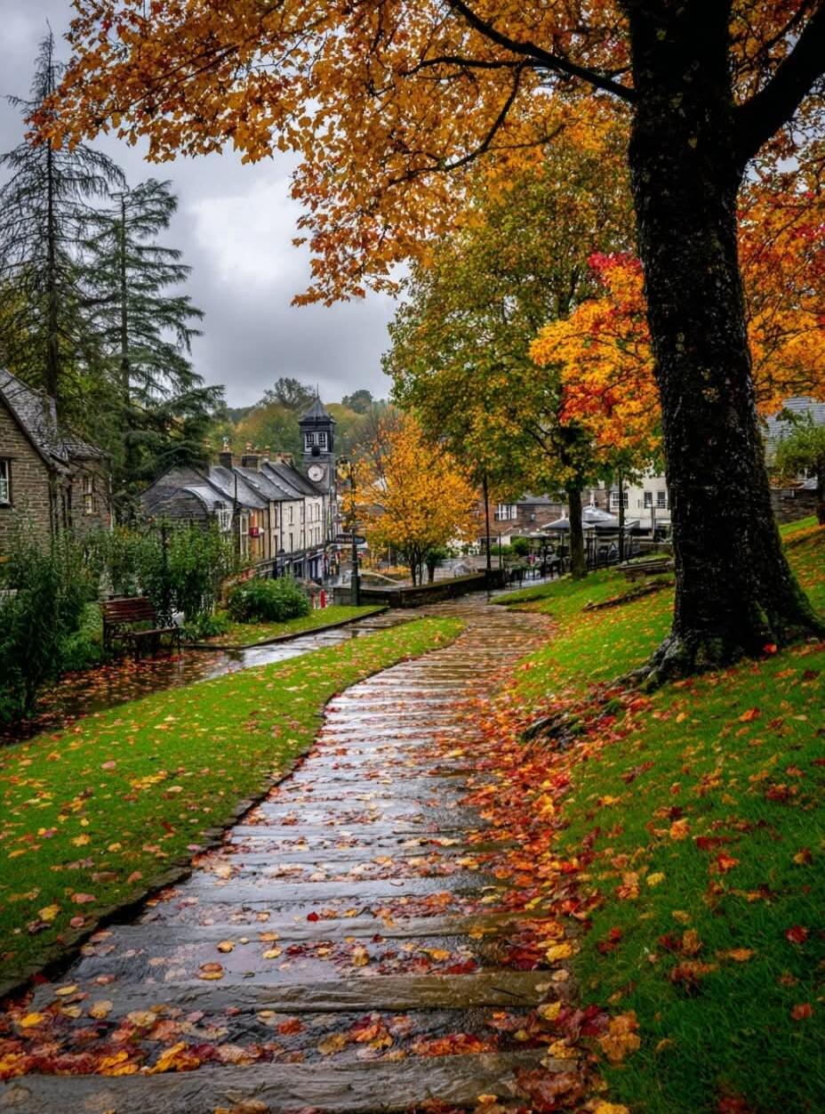 Autumn scene with a wet stone path, colorful leaves, and trees lining a village street.