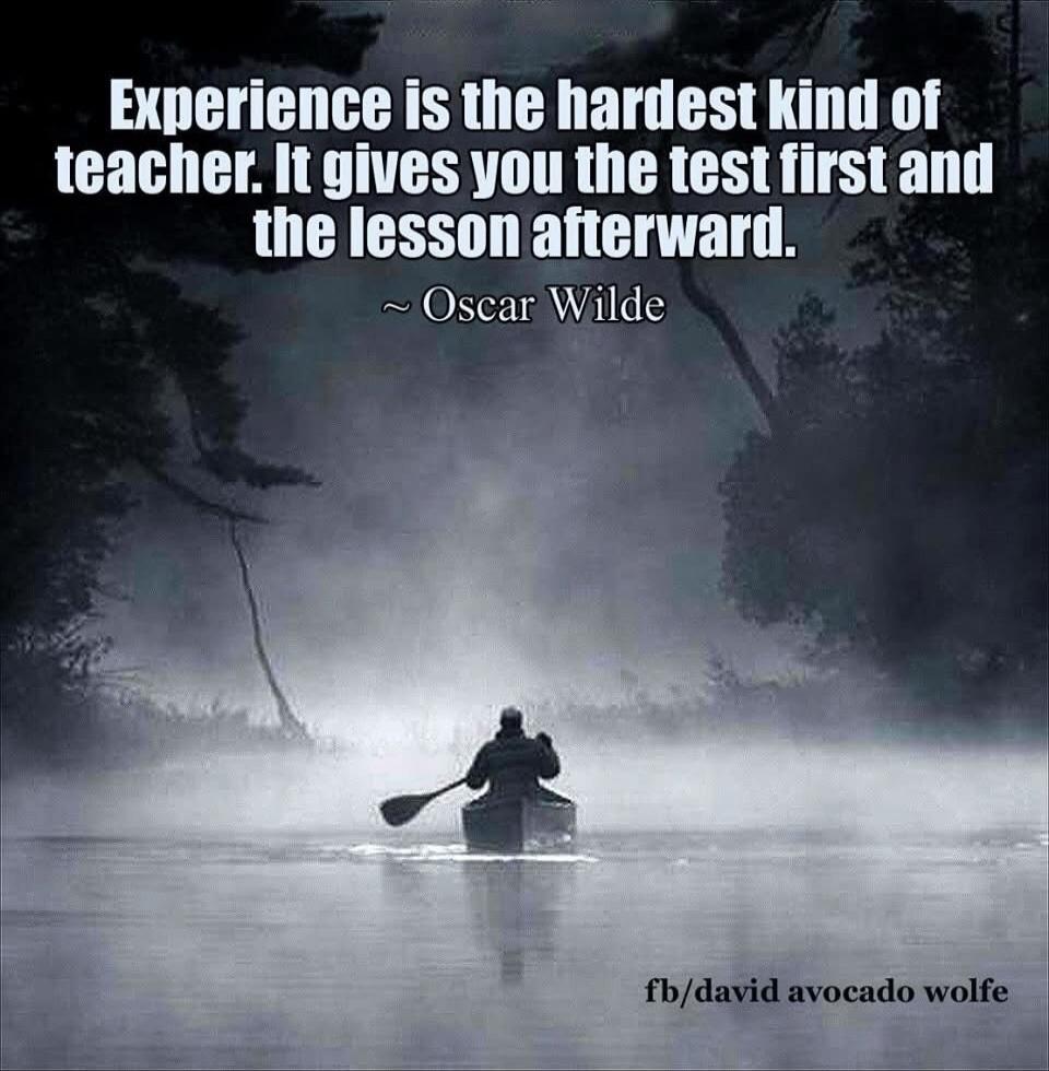 Experience is the hardest kind of teacher. It gives you the test first and the lesson afterward. ~ Oscar Wilde

fb/david avocado wolfe