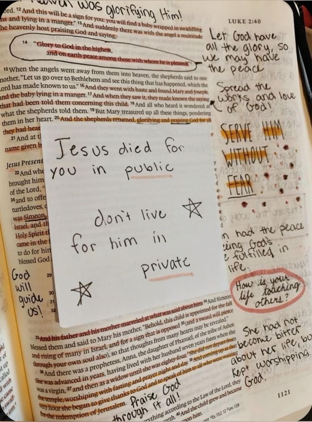 Jesus died for you in public, don't live for him in private. Let God have all the glory, so we may have the peace. Spread the works and love of God! Serve Him without fear. How is your life teaching others? She had not become bitter about her life, but kept worshipping God. Praise God through it all! Glory to God in the highest, and on earth peace 