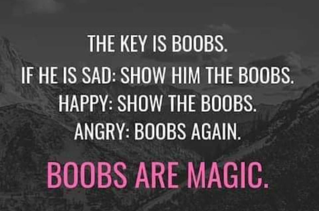 THE KEY IS BOOBS IF HE IS SAD SHOW HIM THE BOOBS HAPPY SHOW THE BOOBS ANGRY BOOBS AGAIN BOOBS ARE MAGIC