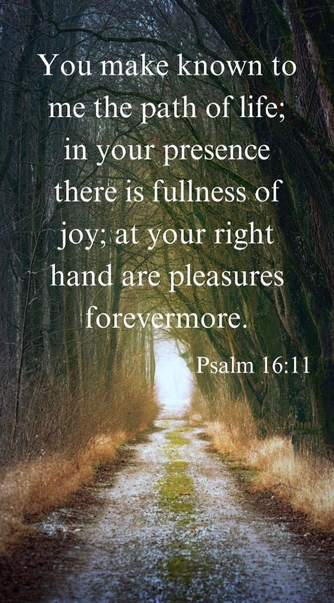 You make known to me the path of life; in your presence there is fullness of joy; at your right hand are pleasures forevermore. Psalm 16:11