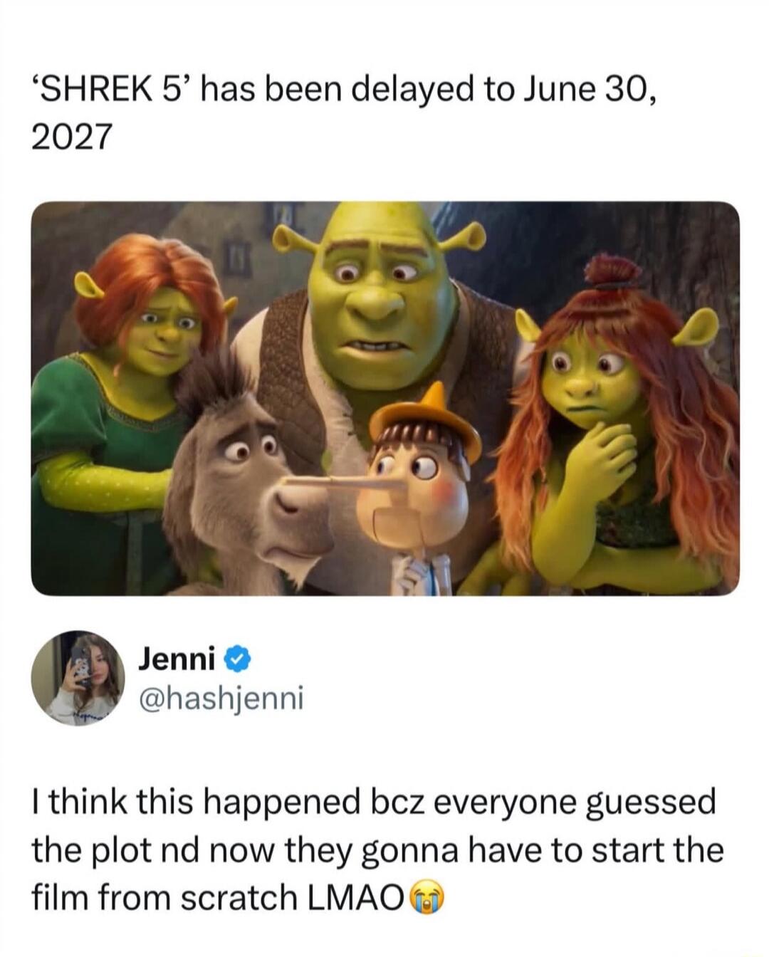 ‘SHREK 5’ has been delayed to June 30, 2027

[Image: Shrek characters]

Jenni @hashjenni: I think this happened becz everyone guessed the plot nd now they gonna have to start the film from scratch LMAO😭