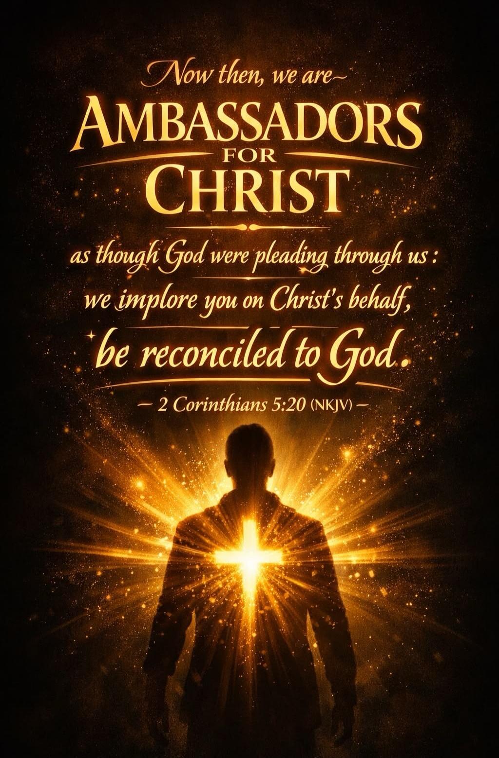 Now then, we are AMBASSADORS FOR CHRIST as though God were pleading through us: we implore you on Christ's behalf, be reconciled to God. - 2 Corinthians 5:20 (NKJV) -