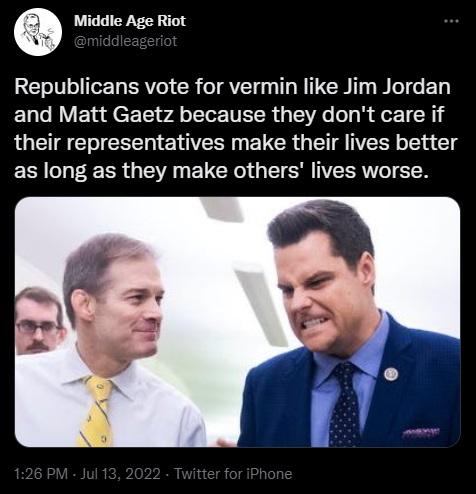 Q Middle Age Riot Republicans vote for vermin like Jim Jordan and Matt Gaetz because they dont care if their representatives make their lives better as long as they make others lives worse
