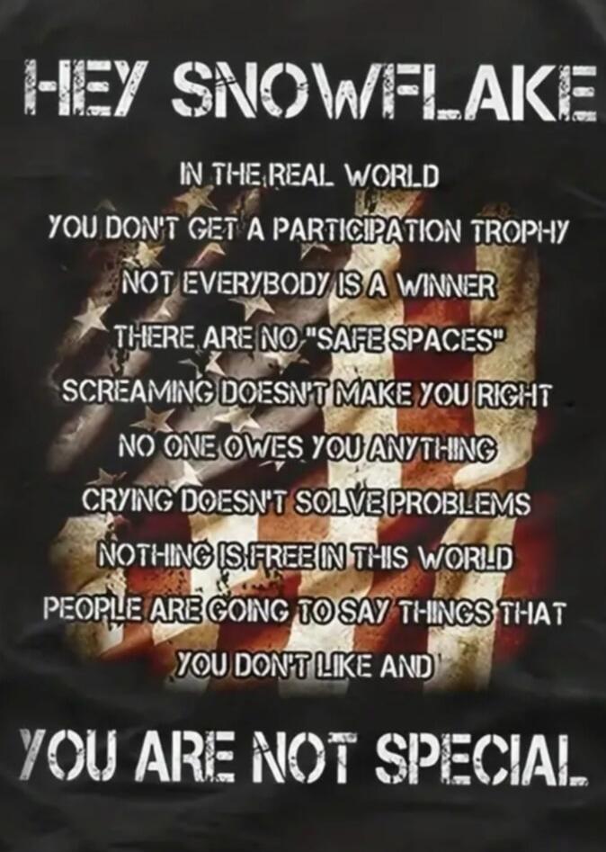 HEY SNOWFLAKE
IN THE REAL WORLD
YOU DON'T GET A PARTICIPATION TROPHY
NOT EVERYBODY IS A WINNER
THERE ARE NO 