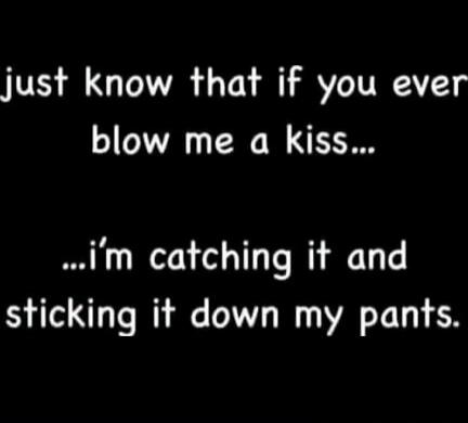 just know that if you ever blow me a kiss... ...i'm catching it and sticking it down my pants.