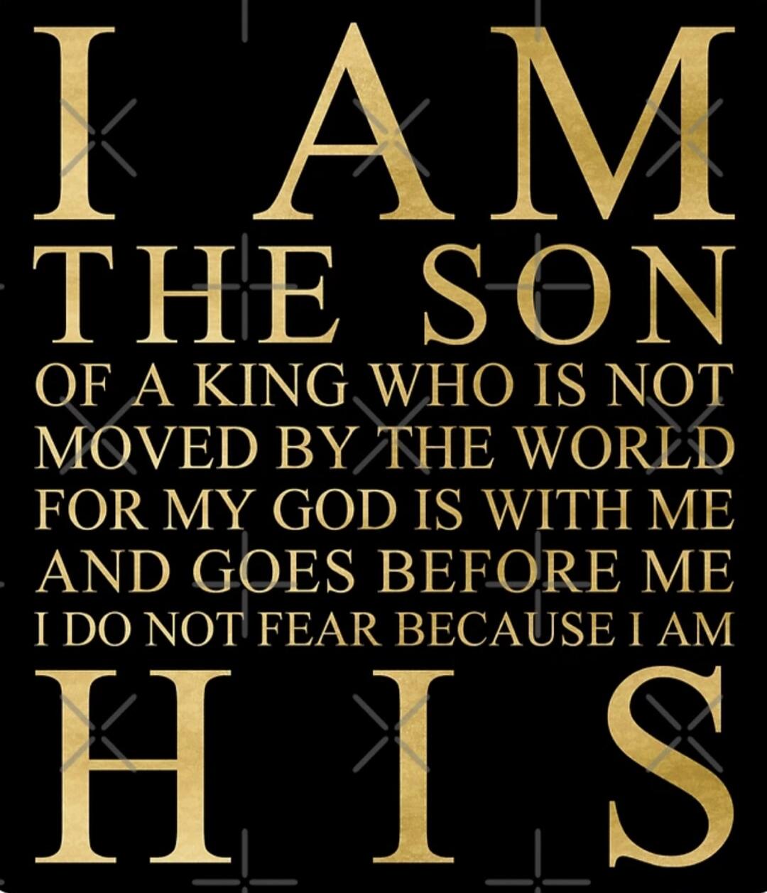 I AM THE SON OF A KING WHO IS NOT MOVED BY THE WORLD FOR MY GOD IS WITH ME AND GOES BEFORE ME I DO NOT FEAR BECAUSE I AM HIS