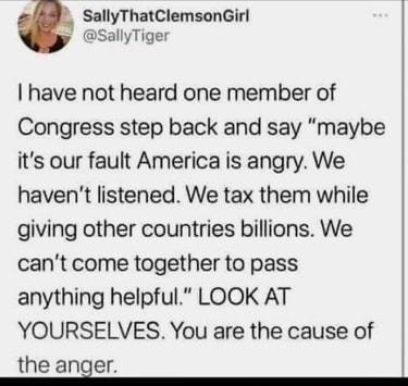 SallyThatClemsonGirl S SallyTiger have not heard one member of Congress step back and say maybe its our fault America is angry We havent listened We tax them while giving other countries billions We cant come together to pass anything helpful LOOK AT YOURSELVES You are the cause of the anger