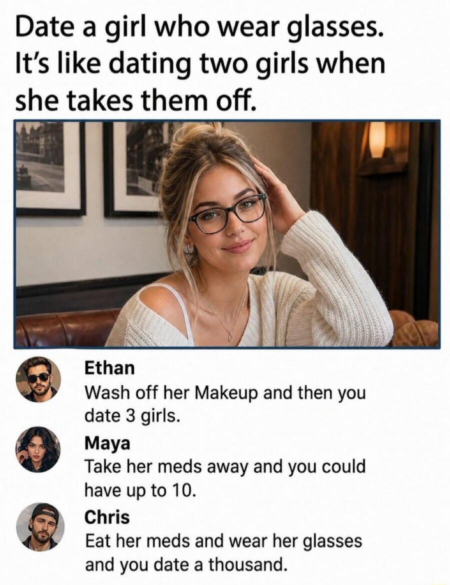 Date a girl who wear glasses. It's like dating two girls when she takes them off.
Ethan
Wash off her Makeup and then you date 3 girls.
Maya
Take her meds away and you could have up to 10.
Chris
Eat her meds and wear her glasses and you date a thousand.