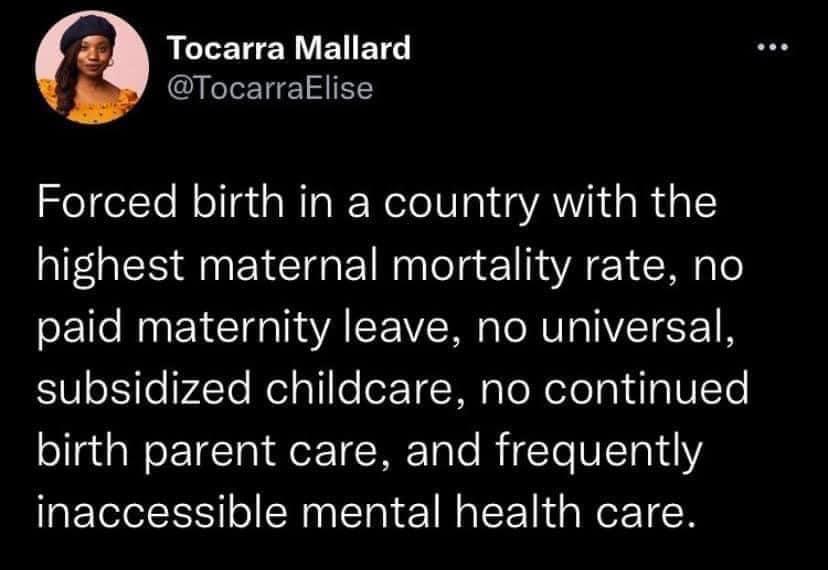 Tocarra Mallard TocarraElise Holel To N olgtaRIaR Nelo IV ol VA a R al highest maternal mortality rate no paid maternity leave no universal 0 ojloV4Te Relalllolet T Wi g o NoTol akulaVTo og ol o TETal aet T WE Talo RiTo V T 011Y inaccessible mental health care