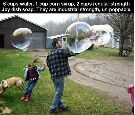 6 cups water 1 cup corn syrup 2 cups regular strength Joy dish soap They are industrial strength un poppable