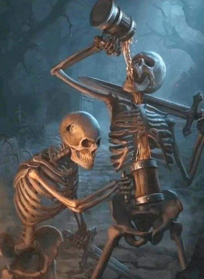 Two skeletons in a graveyard scene: one skeleton holds a large hammer while the other skeleton appears to be fending it off, creating a dynamic spooky duel.