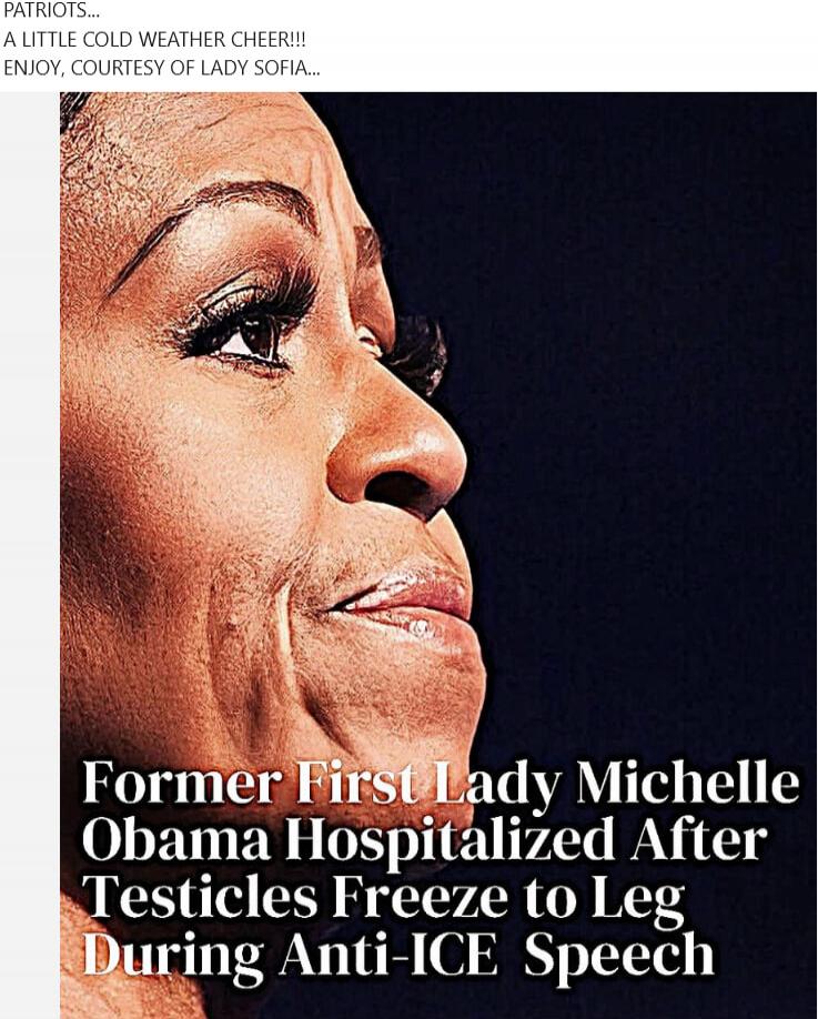 A LITTLE COLD WEATHER CHEER!!! ENJOY, COURTESY OF LADY SOFIA... Former First Lady Michelle Obama Hospitalized After Testicles Freeze to Leg During Anti-ICE Speech