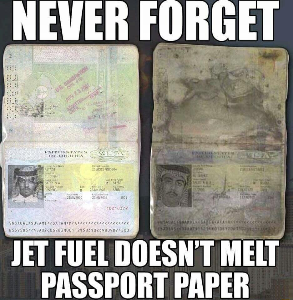 NEVER FORGET JET FUEL DOESN'T MELT PASSPORT PAPER. UNITED STATES OF AMERICA VISA Issuing Post Name RIYADH Given Name SATAM M A AL SUQAMI Passport Number 8559583 Sex M Birth Date 28JUN1976 Nationality SARB Expiration Date 21NOV2002.