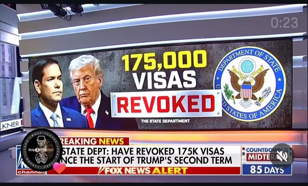 175,000 VISAS REVOKED. THE STATE DEPARTMENT. BREAKING NEWS. STATE DEPT: HAVE REVOKED 175K VISAS SINCE THE START OF TRUMP'S SECOND TERM. FOX NEWS ALERT. COUNTDOWN TO MIDTERM. 85 DAYS. 0:23.