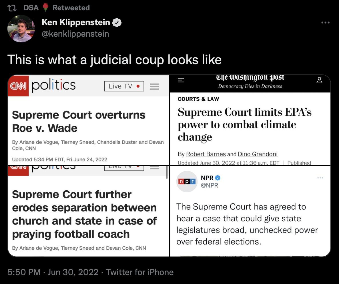 s Ken Klippenstein This is what a judicial coup looks like e wasaguon post politics Supreme Court overturns Supreme Court limits E Roe v Wade power to combat te change 4 Supreme Court further erodes separation between The Supreme Court has sgreed to church and state in case of heara case that could g state praying football coach J af film hecked power