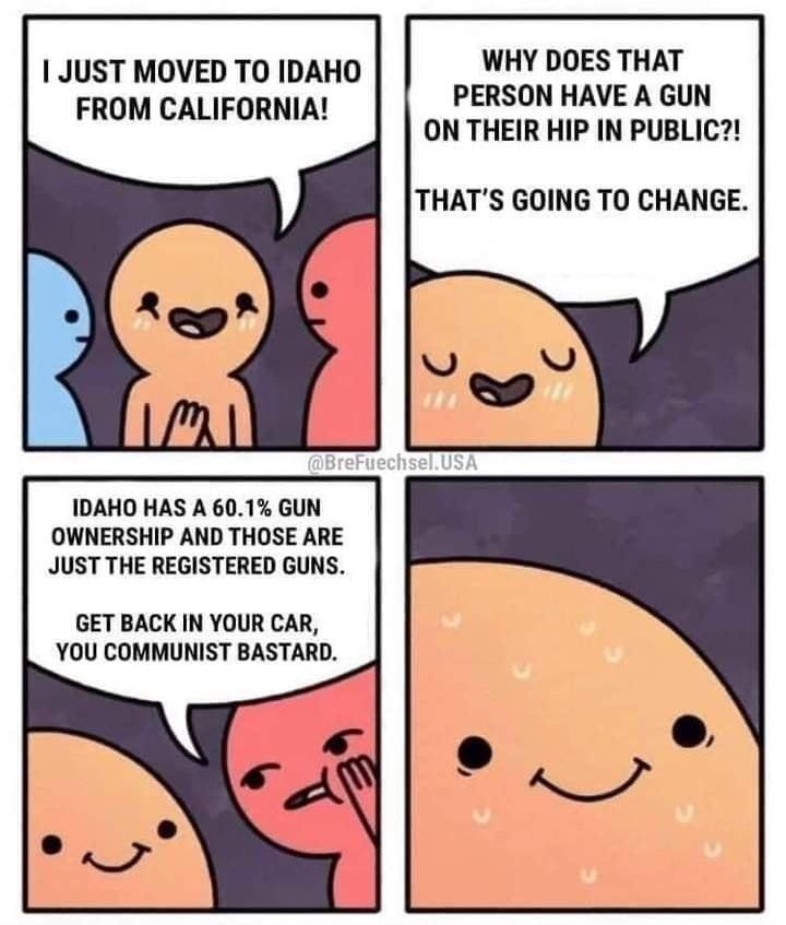 JUST MOVED TO IDAHO FROM CALIFORNIA IDAHO HAS A 601 GUN OWNERSHIP AND THOSE ARE JUST THE REGISTERED GUNS GET BACK IN YOUR CAR YOU COMMUNIST BASTARD WHY DOES THAT PERSON HAVE A GUN ON THEIR HIP IN PUBLIC THATS GOING TO CHANGE