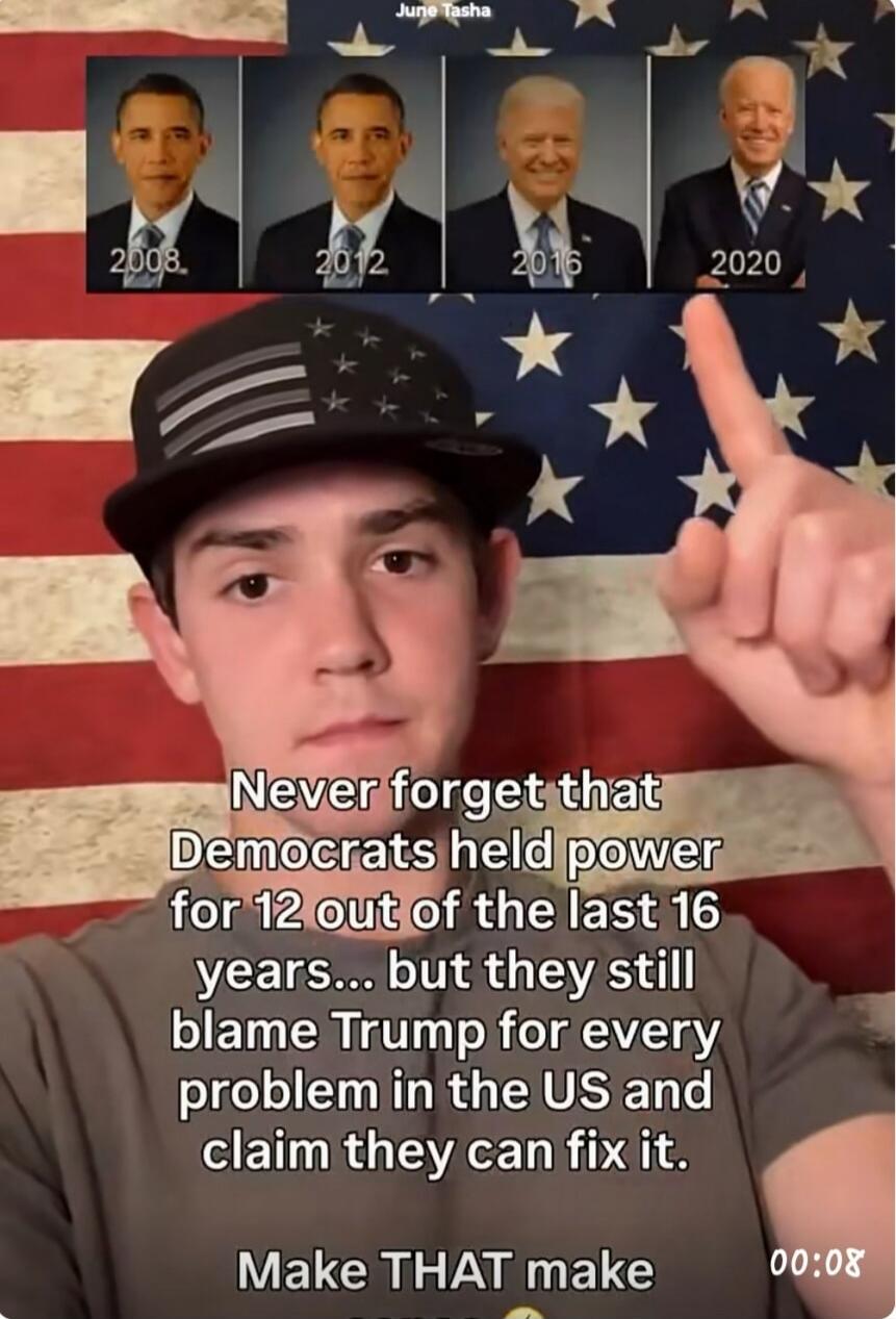 June Tasha 2008 2012 2016 2020 Never forget that Democrats held power for 12 out of the last 16 years... but they still blame Trump for every problem in the US and claim they can fix it. Make THAT make sense.