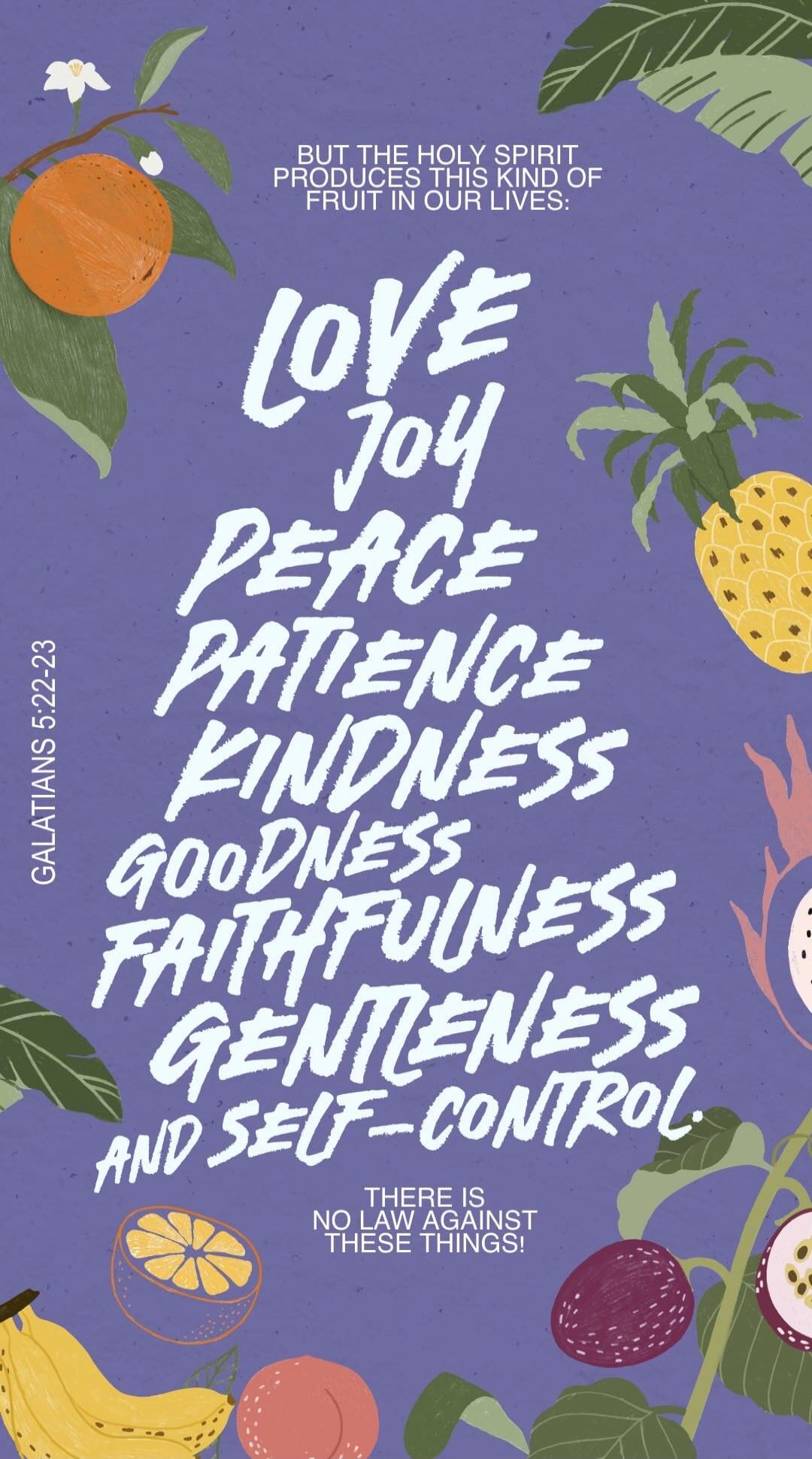 BUT THE HOLY SPIRIT PRODUCES THIS KIND OF FRUIT IN OUR LIVES: LOVE JOY PEACE PATIENCE KINDNESS GOODNESS FAITHFULNESS GENTLENESS AND SELF-CONTROL. GALATIANS 5:22-23. THERE IS NO LAW AGAINST THESE THINGS!
