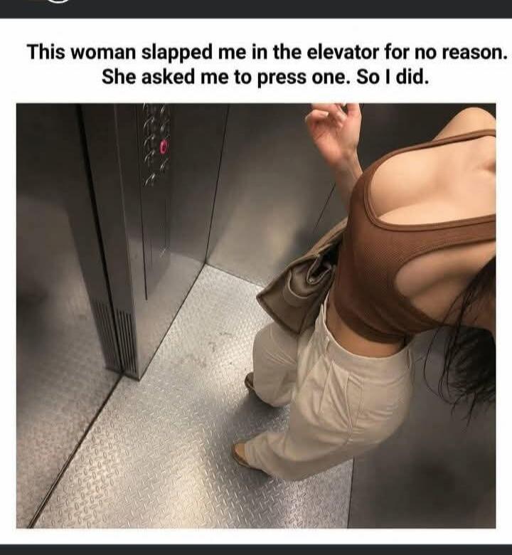 This woman slapped me in the elevator for no reason. She asked me to press one. So I did.