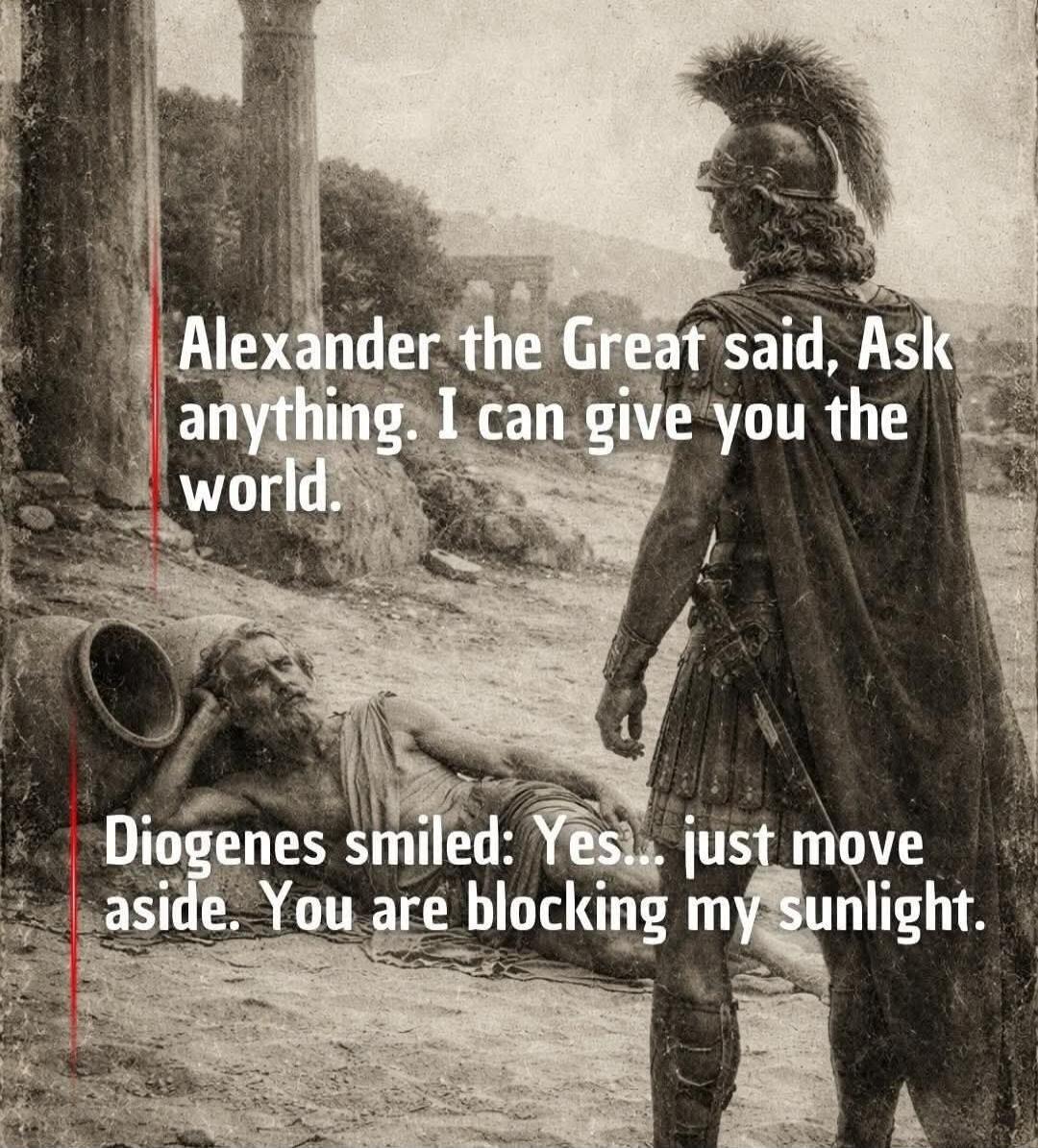 Alexander the Great said. Ask anything. I can give you the world.\nDiogenes smiled: Yes... just move aside. You are blocking my sunlight.