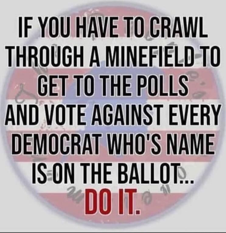 IF YOU HAVE TO CRAWL THROUGH A MINEFIELD TO GET TO THE POLLS AND VOTE AGAINST EVERY DEMOCRAT WHO'S NAME IS ON THE BALLOT... DO IT.