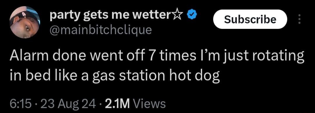 s party gets me wettervr GINETLLICL TS Alarm done went off 7 times Im just rotating in bed like a gas station hot dog 615 23 Aug 24 21M Views