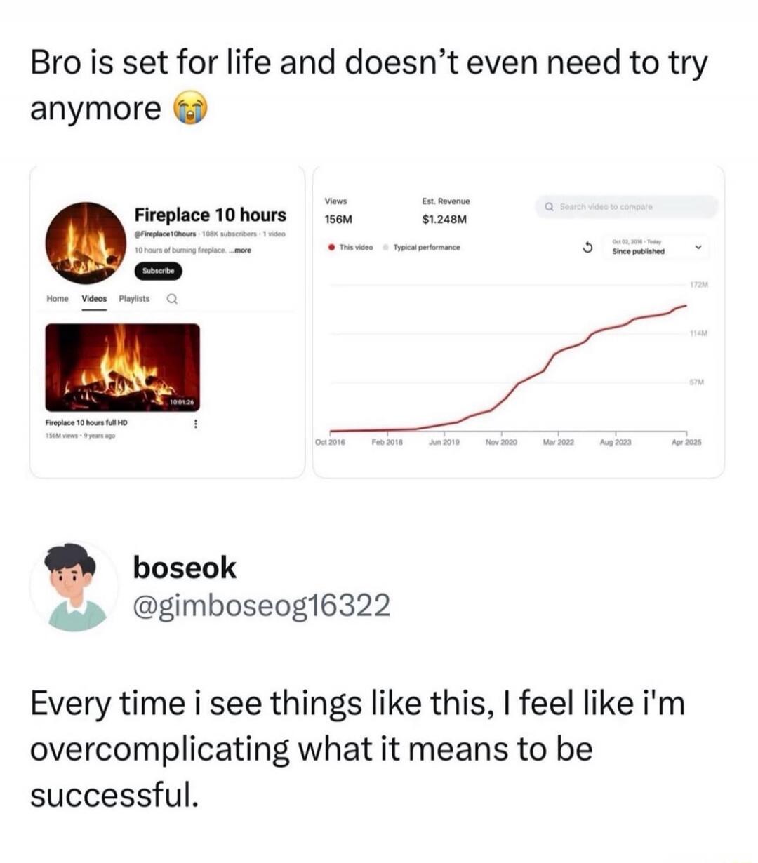Bro is set for life and doesn't even need to try anymore. Fireplace 10 hours. 108K subscribers, 1 video, 10 hours of burning fireplace. Fireplace 10 hours full HD, 156M views, 9 years ago. Views 156M, Est. Revenue $1.248M. This video, Typical performance. Since published. Every time I see things like this, I feel like I'm overcomplicating what it m