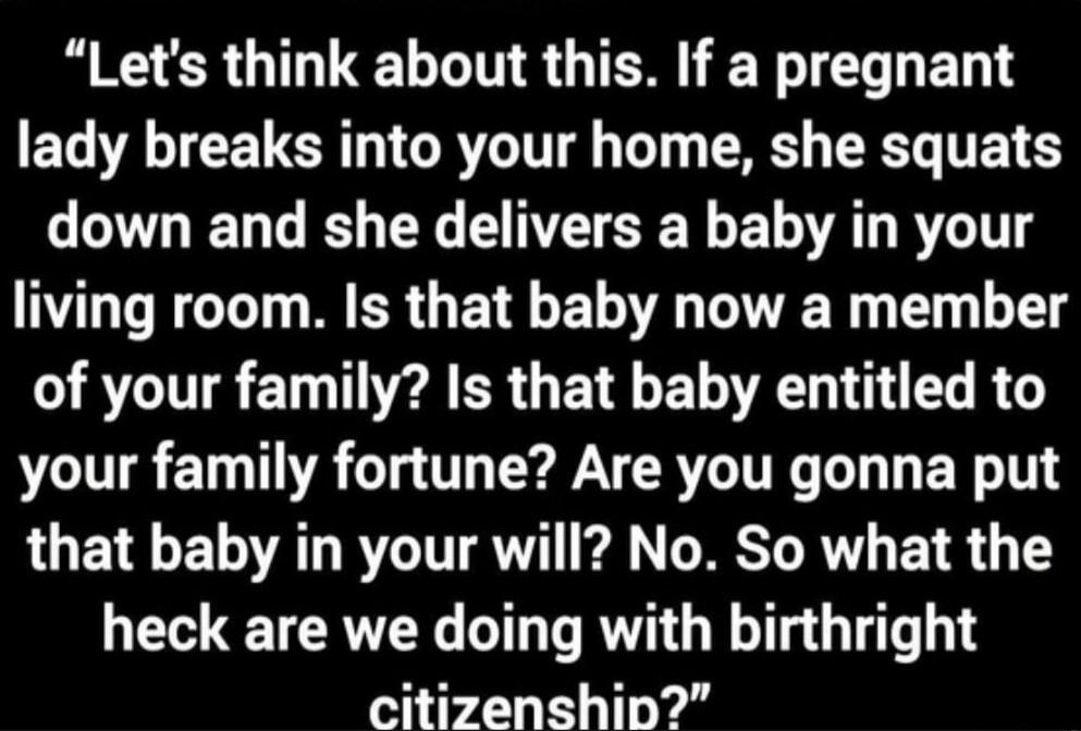 Let's think about this. If a pregnant lady breaks into your home, she squats down and she delivers a baby in your living room. Is that baby now a member of your family? Is that baby entitled to your family fortune? Are you gonna put that baby in your will? No. So what the heck are we doing with birthright citizenship?
