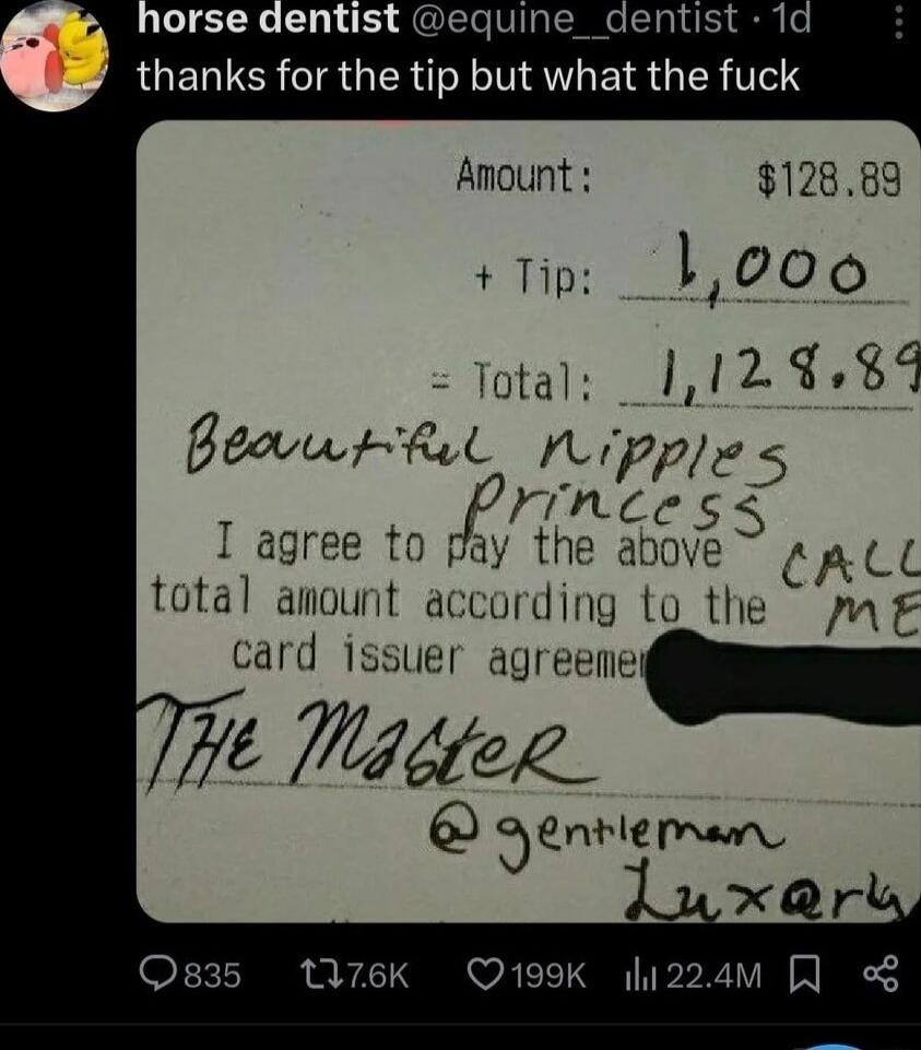 thanks for the tip but wat the fuck Amount 12889 Tip IVJDOO Total 12939 Beow Rl nipples rince SS I agree to pay the above CALL total amount according to the MmE card issuer agreeme Wt Mgiter 3qnweM Q199K hi224M Q