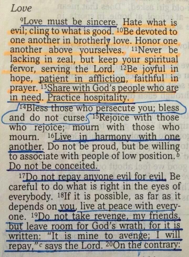 Love ⁹Love must be sincere. Hate what is evil; cling to what is good. ¹⁰Be devoted to one another in brotherly love. Honor one another above yourselves. ¹¹Never be lacking in zeal, but keep your spiritual fervor, serving the Lord. ¹²Be joyful in hope, patient in affliction, faithful in prayer. ¹³Share with God's people who are in need. Practice hos