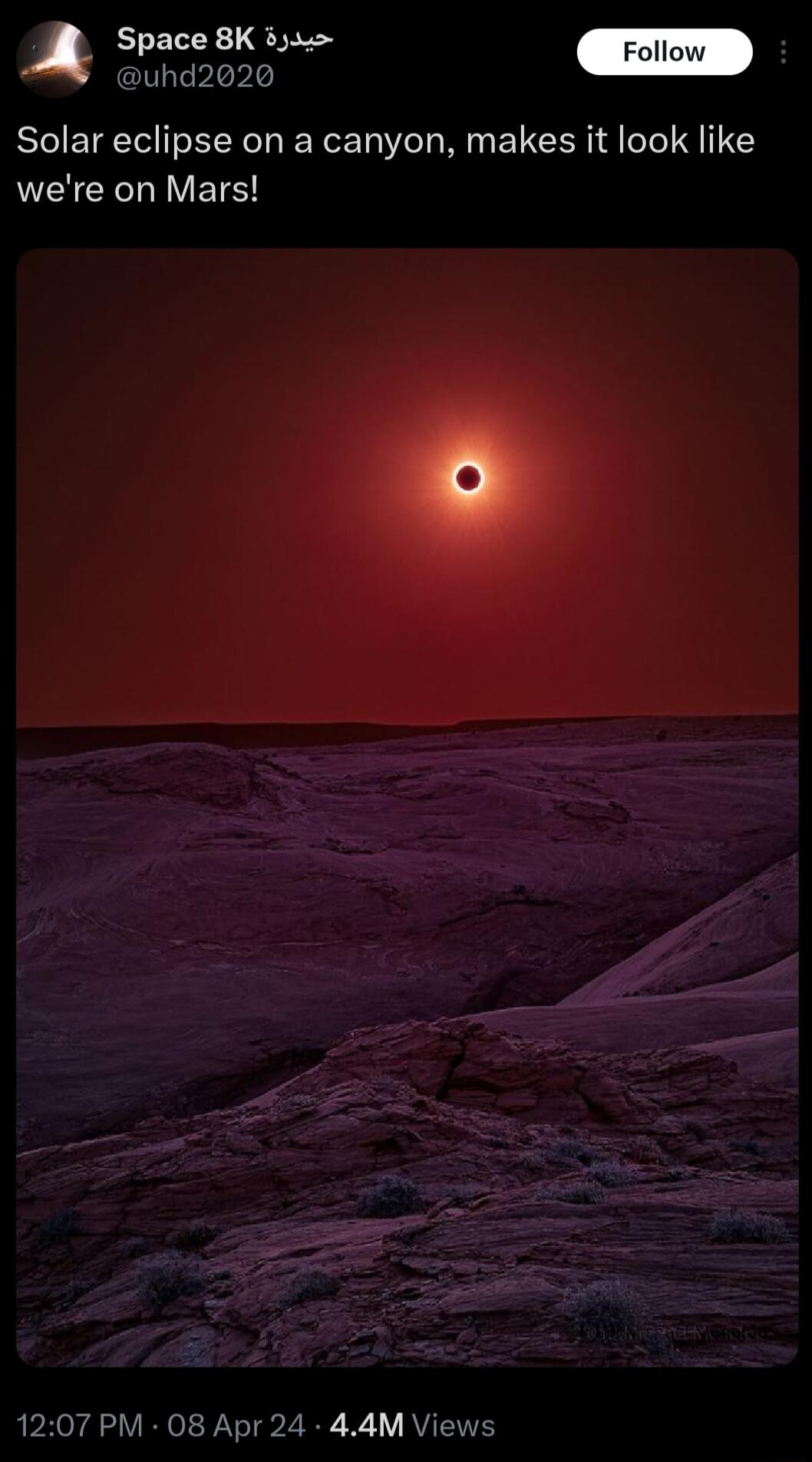 Space 8K by Follow D Solar eclipse on a canyon makes it look like were on Mars 1207 PM 08 Apr 24 44M Views