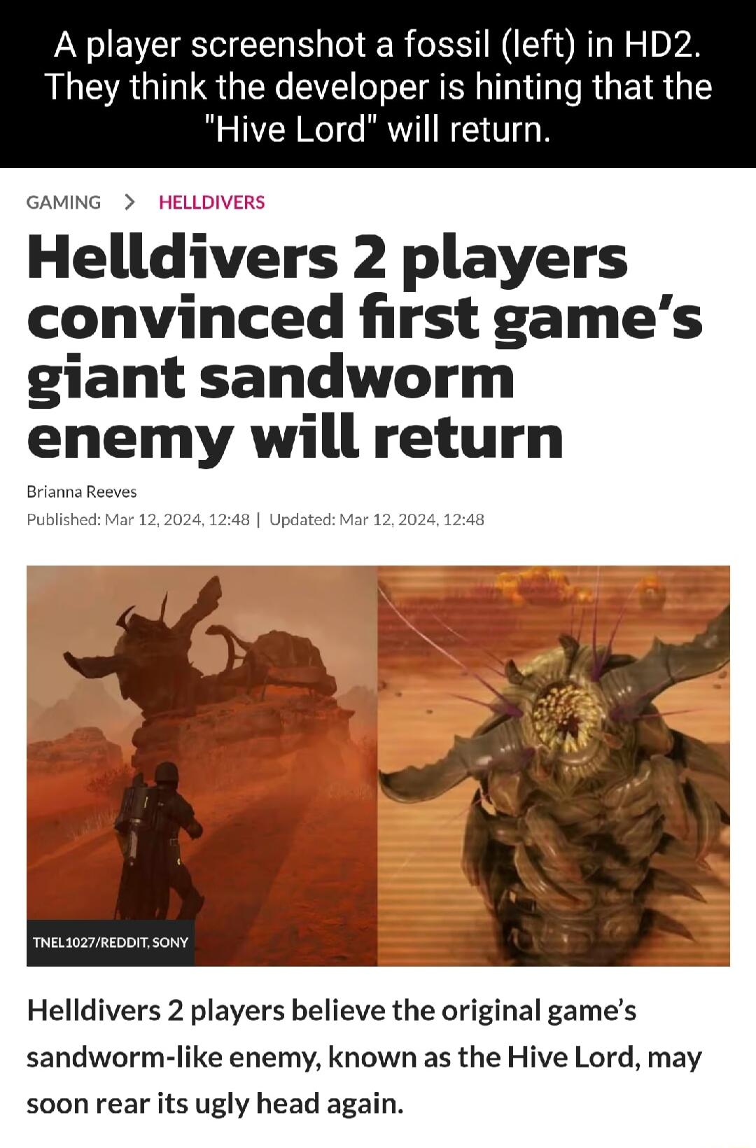 A player screenshot a fossil left in HD2 They think the developer is hinting that the Hive Lord will return GAMING HELLDIVERS Helldivers 2 players convinced first games giant sandworm enemy will return Briana Reeves Helldivers 2 players believe the original games sandworm like enemy known as the Hive Lord may soon rear its ugly head again