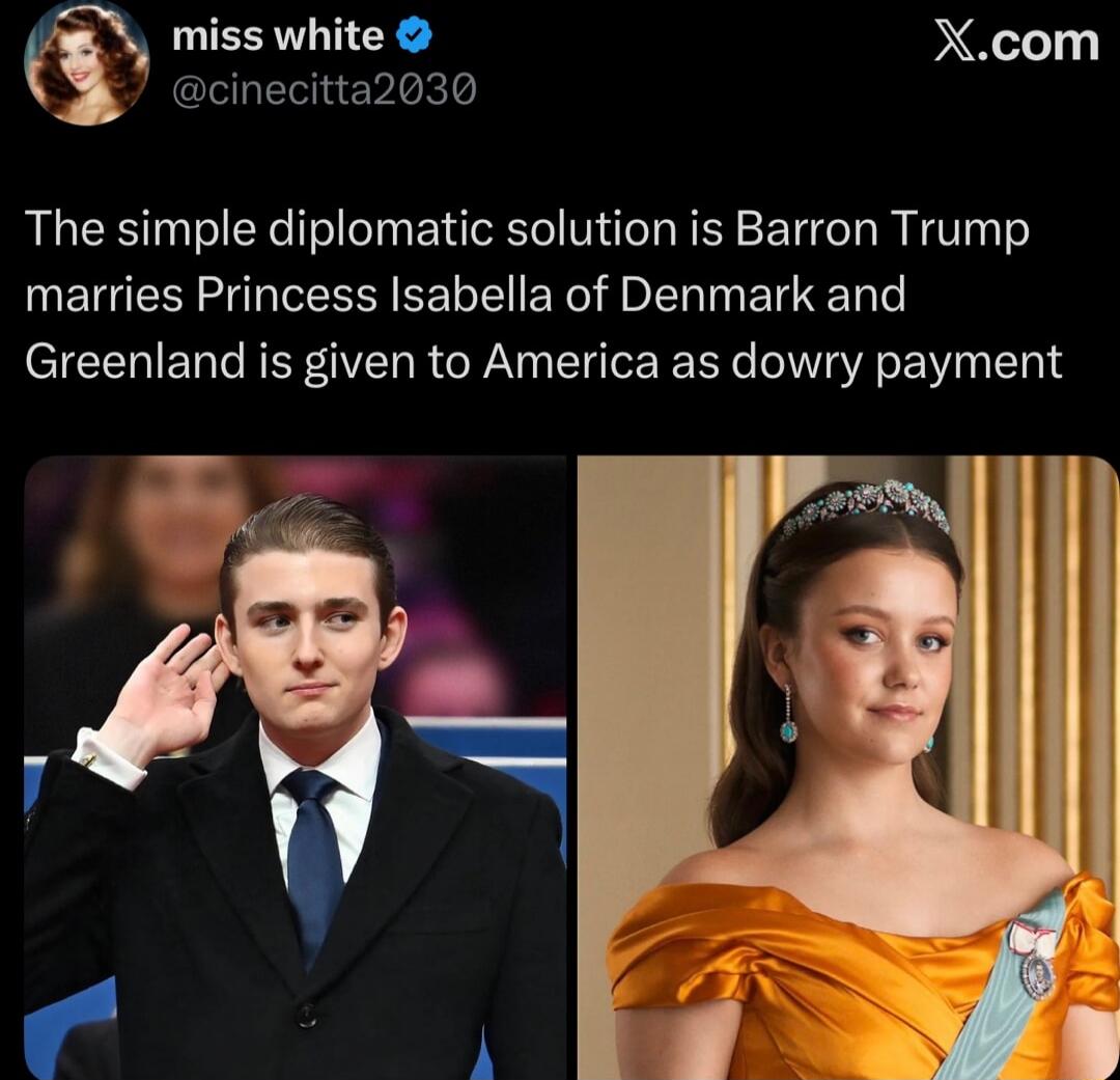 The simple diplomatic solution is Barron Trump marries Princess Isabella of Denmark and Greenland is given to America as dowry payment