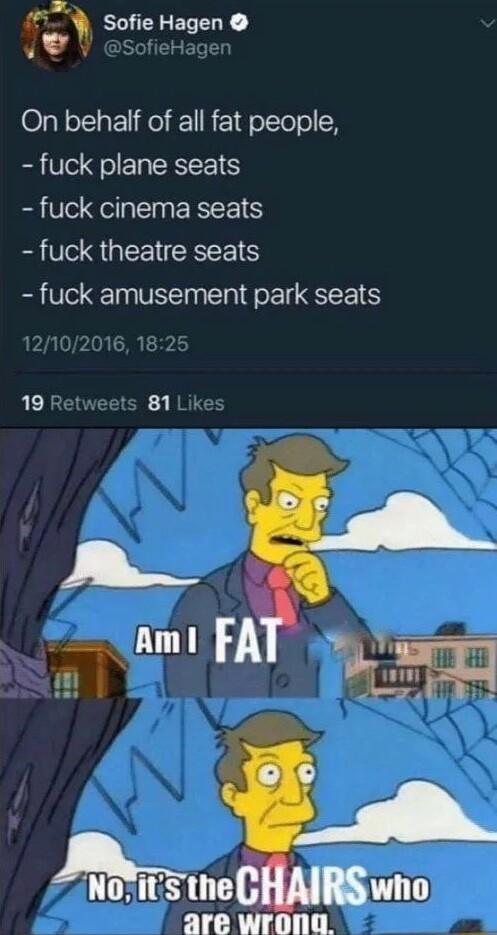 5 Sofie Hagen o On behalf of all fat people fuck plane seats fuck cinema seats fuck theatre seats fuck amusement park seats 19 81 ome RS who are Wrona