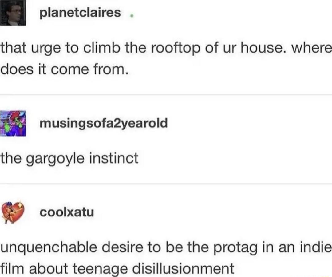 planetclaires that urge to climb the rooftop of ur house where does it come from musingsofa2yearold the gargoyle instinct coolxatu unquenchable desire to be the protag in an indie film about teenage disillusionment