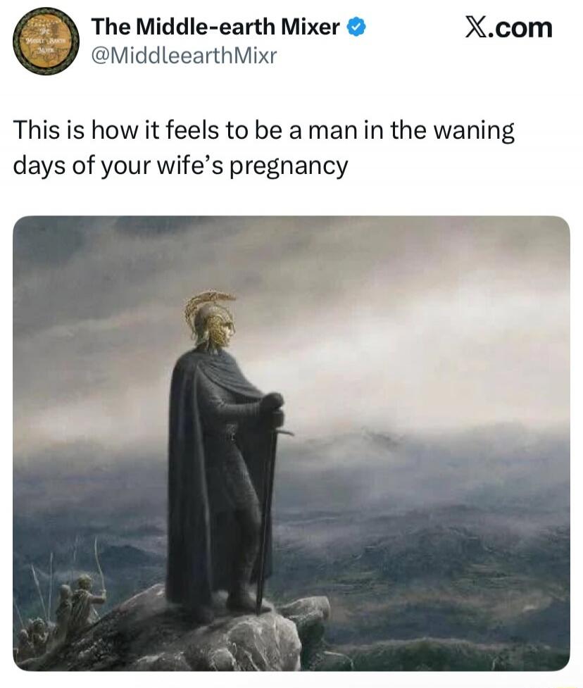The Middle-earth Mixer @MiddleearthMixr X.com This is how it feels to be a man in the waning days of your wife's pregnancy