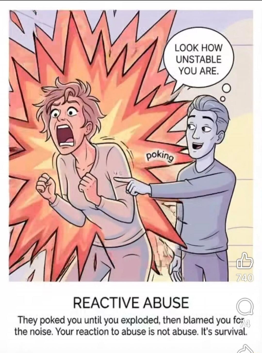 LOOK HOW UNSTABLE YOU ARE. poking. REACTIVE ABUSE. They poked you until you exploded, then blamed you for the noise. Your reaction to abuse is not abuse. It's survival.