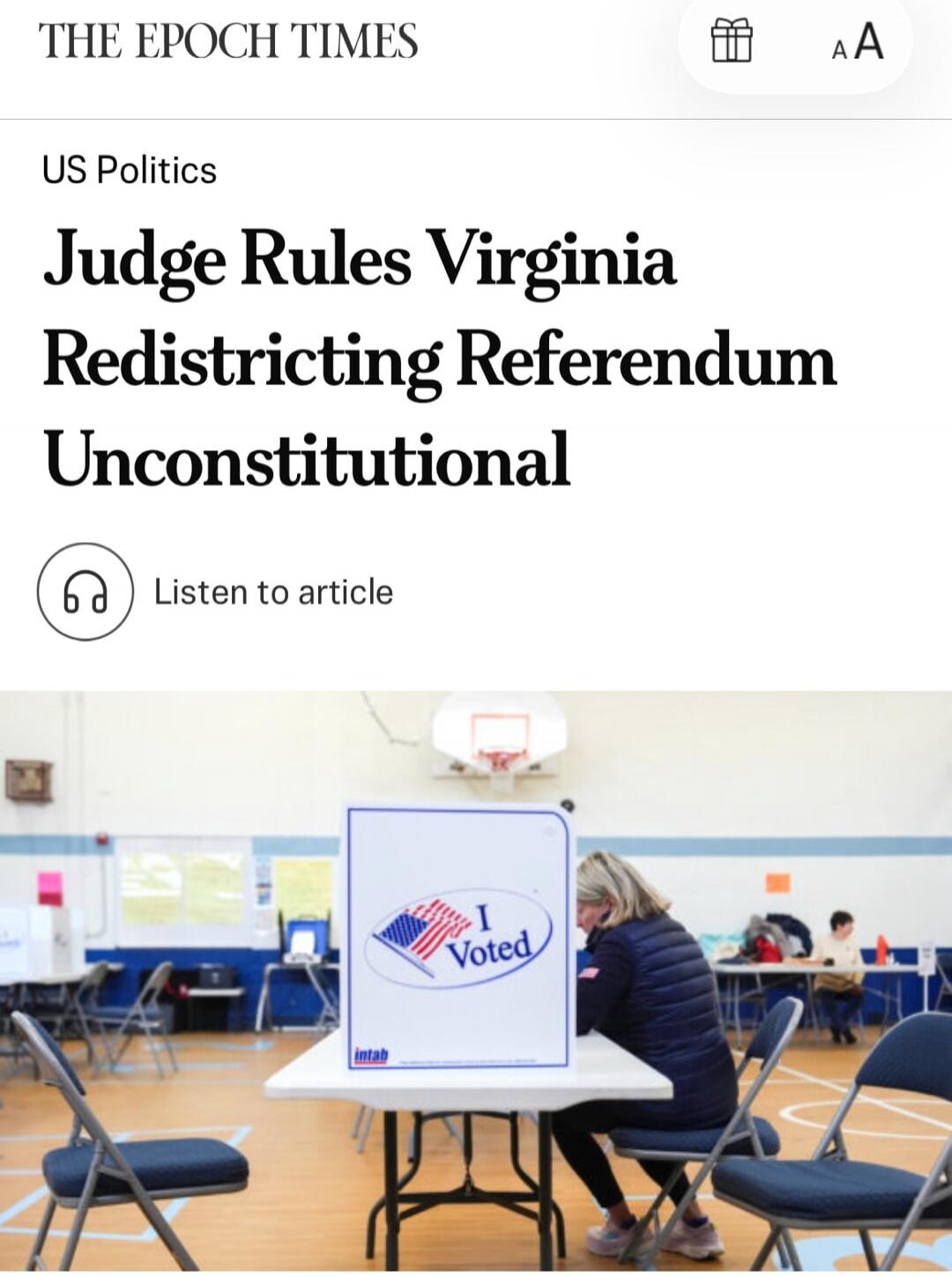 THE EPOCH TIMES US Politics Judge Rules Virginia Redistricting Referendum Unconstitutional Listen to article I Voted intab