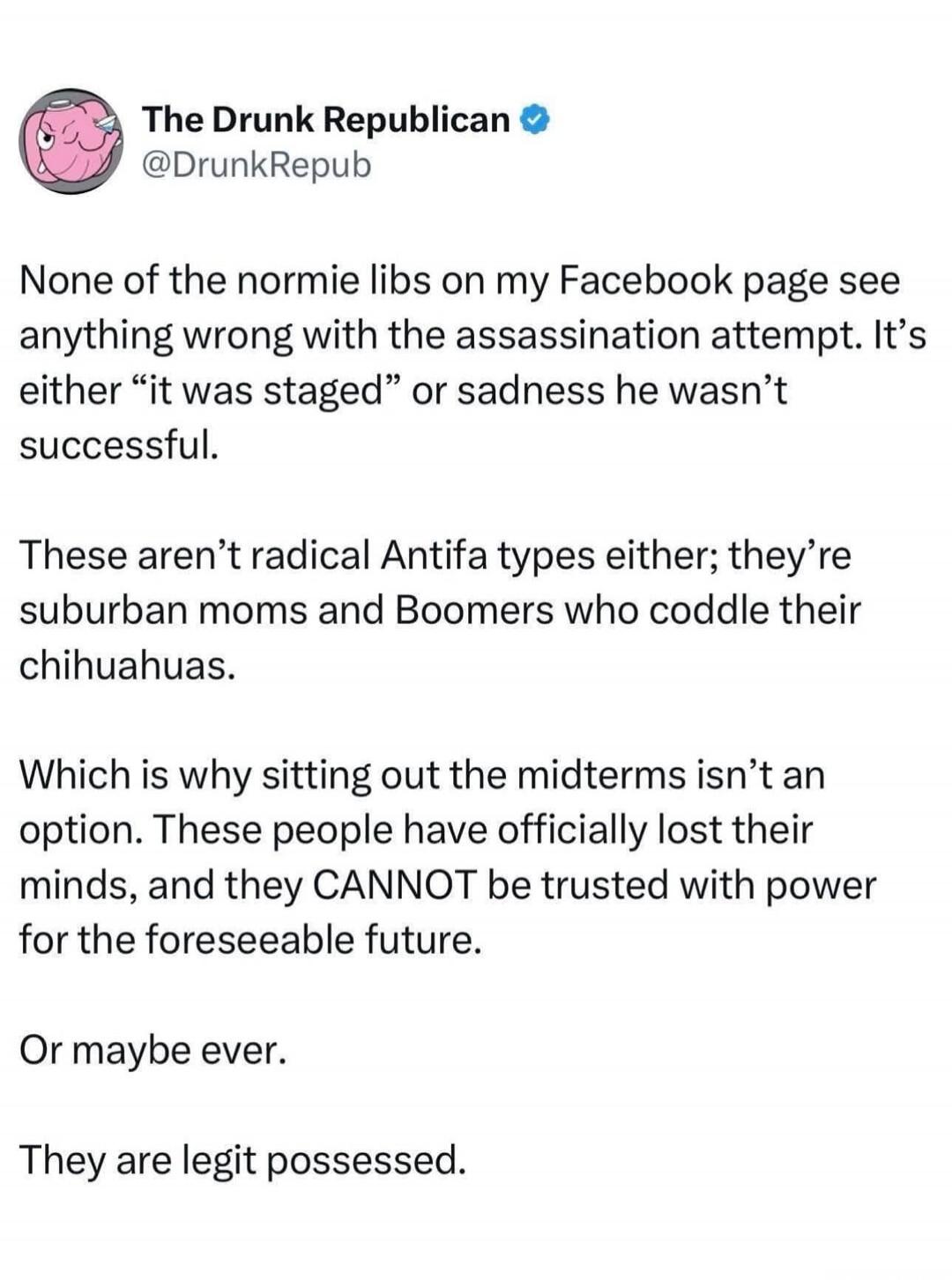 The Drunk Republican @DrunkRepub None of the normie libs on my Facebook page see anything wrong with the assassination attempt. It's either 