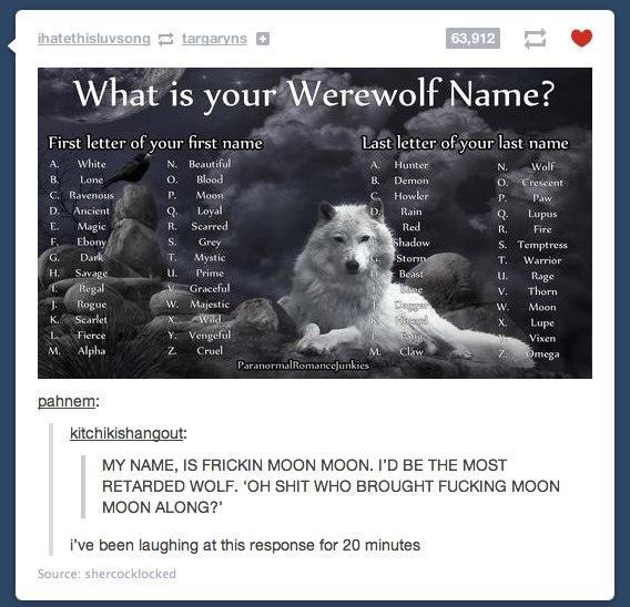 What is yourWerewolf Name Firstletter of your first name Lt letter of your last name anem chikishangout MY NAME IS FRICKIN MOON MOON D BE THE MOST RETARDED WOLF OH SHIT WHO BROUGHT FUCKING MOON MOON ALONG ve been laughing at this response for 20 minut