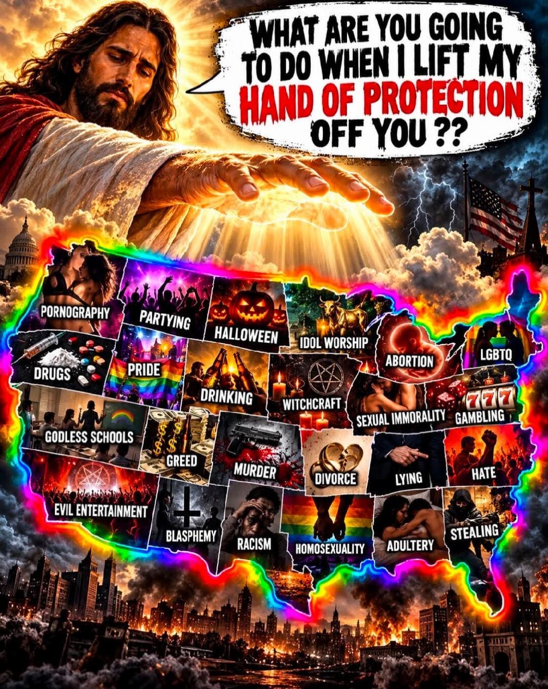 WHAT ARE YOU GOING TO DO WHEN I LIFT MY HAND OF PROTECTION OFF YOU ?? PORNOGRAPHY PARTYING HALLOWEEN IDOL WORSHIP ABORTION LGBTQ DRUGS PRIDE DRINKING WITCHCRAFT SEXUAL IMMORALITY GAMBLING GODLESS SCHOOLS GREED MURDER DIVORCE LYING HATE EVIL ENTERTAINMENT BLASPHEMY RACISM HOMOSEXUALITY ADULTERY STEALING