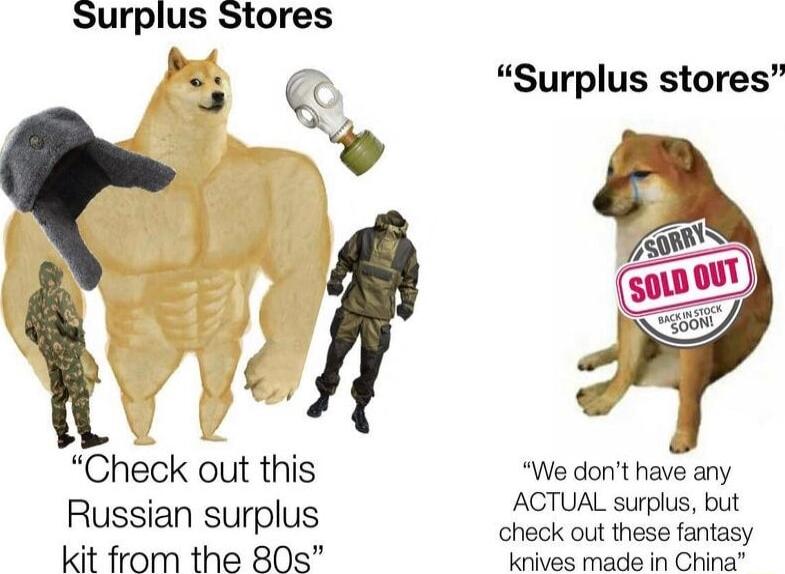 Surplus Stores Check out this Russian surplus kit from the 80s Surplus stores We dont have any ACTUAL surplus but check out these fantasy knives made in China