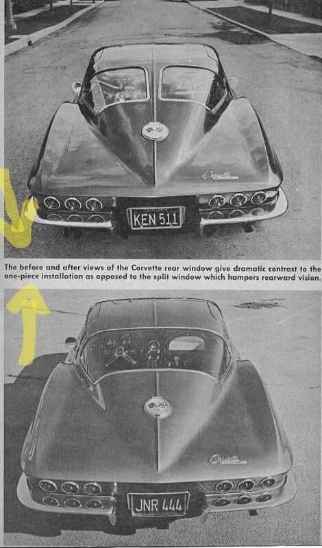 KEN 511. UNR 444. The before and after views of the Corvette rear window give dramatic contrast to the one-piece installation as opposed to the split window which hampers rearward vision.