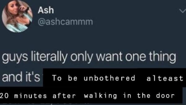 Ash v GERICEN guys literally only want one thing andits To be unbothered alteast 20 minutes after walking in the door