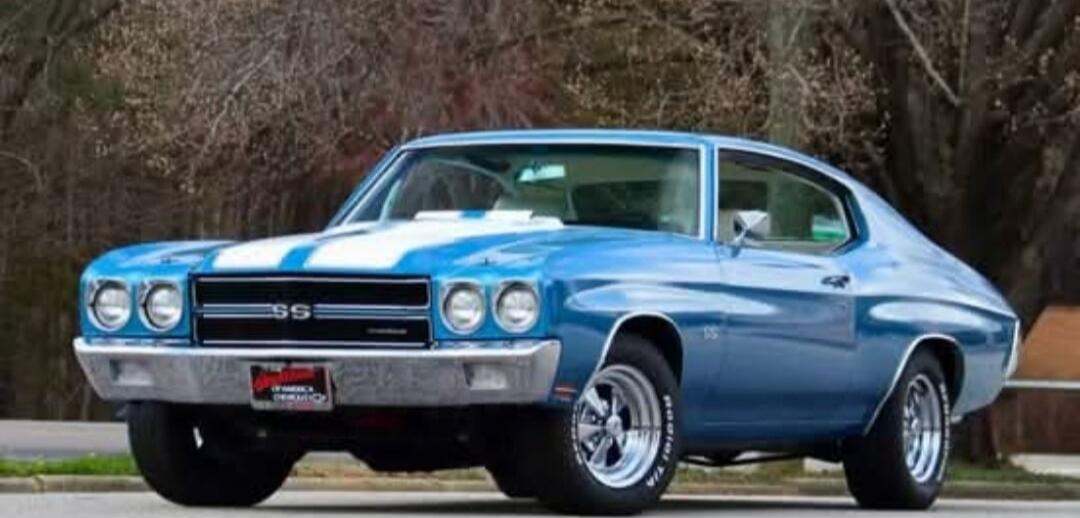 Blue vintage muscle car, classic American automobile.