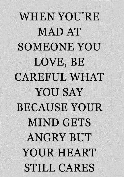 WHEN YOU'RE MAD AT SOMEONE YOU LOVE, BE CAREFUL WHAT YOU SAY BECAUSE YOUR MIND GETS ANGRY BUT YOUR HEART STILL CARES