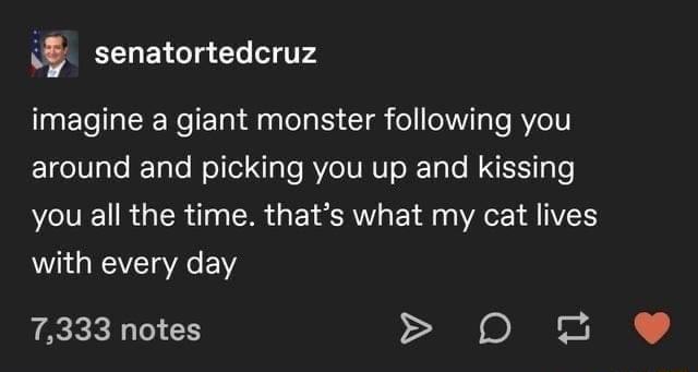 r senatortedcruz imagine a giant monster following you EToI0glo lTalo o el X aTe RVoTV R o Tale NI g o you all the time thats what my cat lives with every day 7333 notes 0 Y
