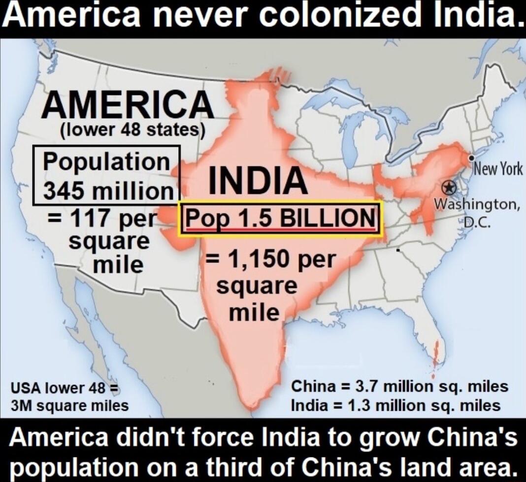 merica never colonized India s AMERICA N Population NewYork Sl INDIA 117 per Pop 15 BILLION 5 square Squar 1 1150 per S square _ mile USA lower 48 3M square miles America di China 37 million sq miles India 13 million sq miles lation