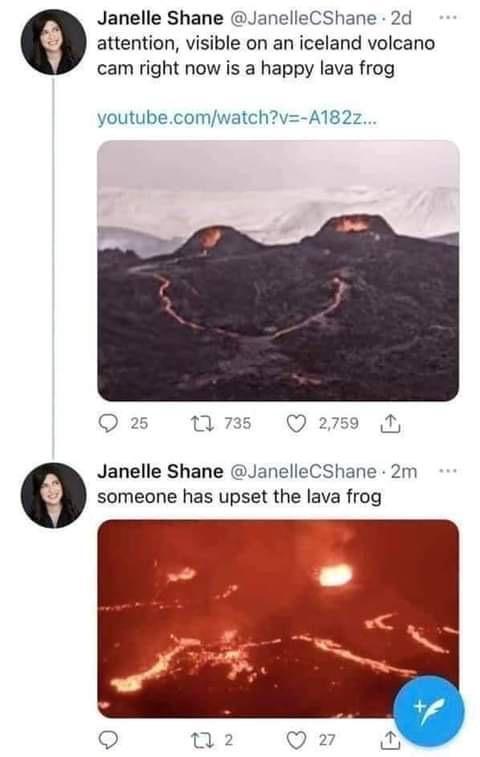 Janelle Shane JanelleCShane 2d attention visible on an iceland volcano cam right now is a happy lava frog youtubecomwatchv A182z Q 25 1 735 Q 4 Janelle Shane JanelleCShane 2m someone has upset the lava frog